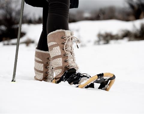 person walking in show with snowshoes