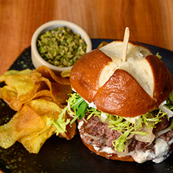 burger with house made chips